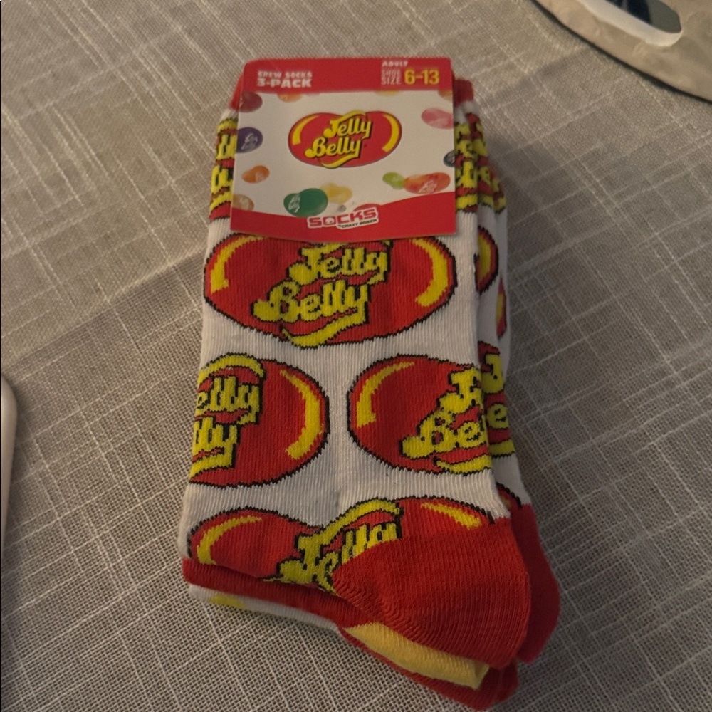 Jelly Belly White Crew Socks with Red & Yellow Logo - Pack